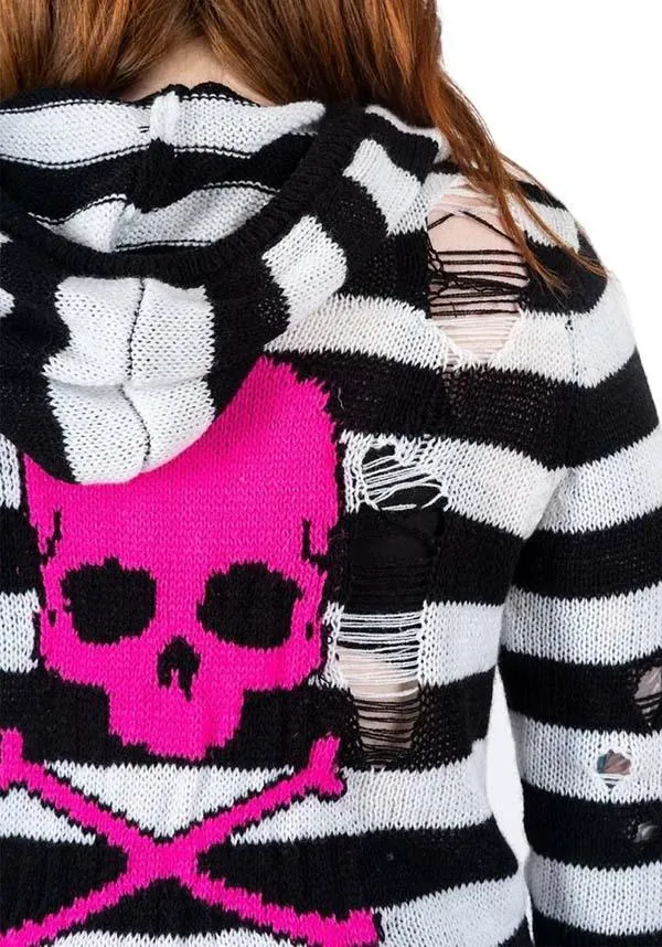 Pink Skull Striped Zip Up | CARDIGAN SWEATER