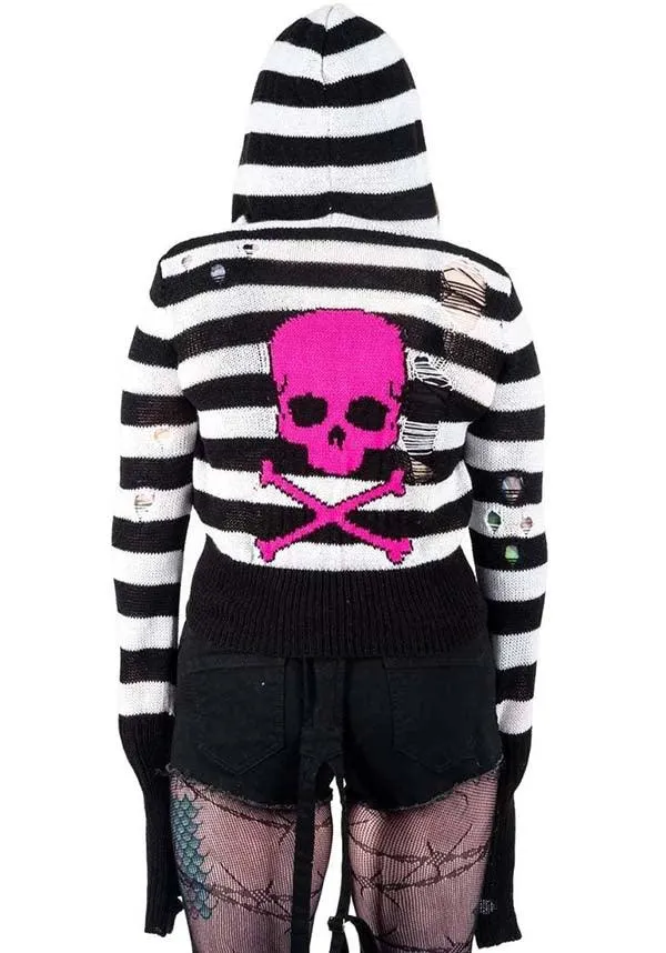 Pink Skull Striped Zip Up | CARDIGAN SWEATER