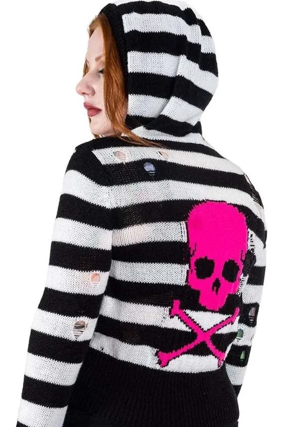 Pink Skull Striped Zip Up | CARDIGAN SWEATER