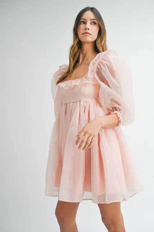 Pink Square Neck Ruffle Babydoll Dress