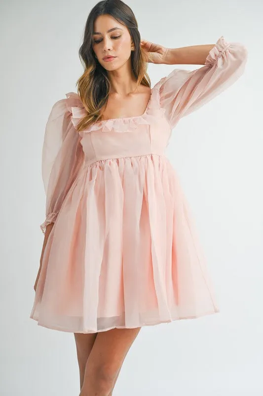 Pink Square Neck Ruffle Babydoll Dress