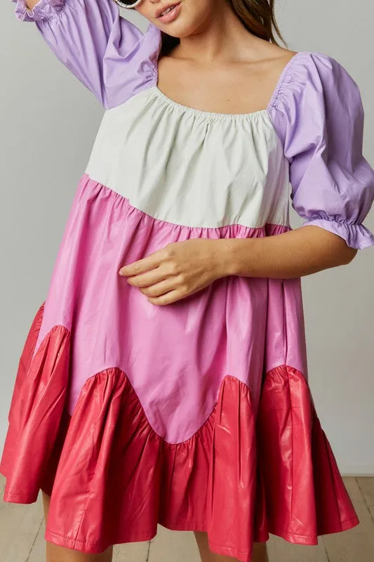 Pink/Lavender Coated Color Block Babydoll Mini Dress