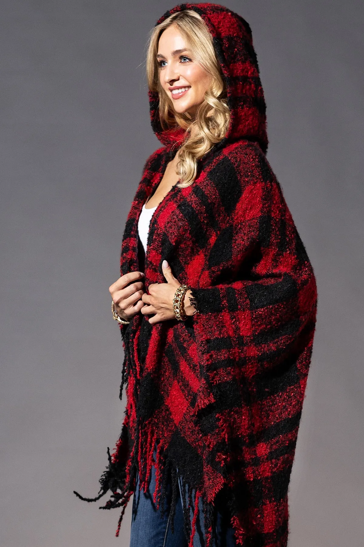 Plaid Red Black Ruana Hoodie