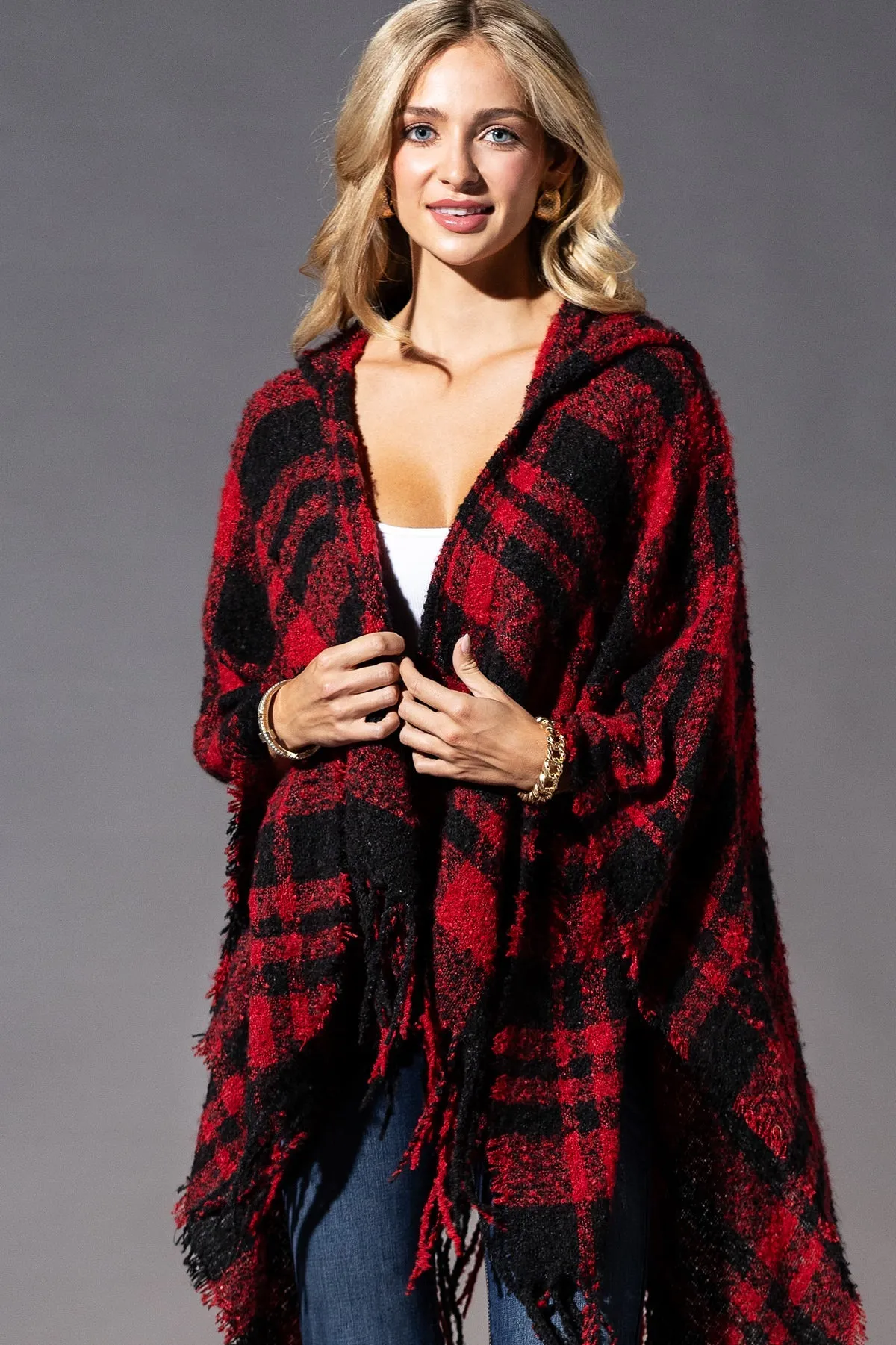 Plaid Red Black Ruana Hoodie