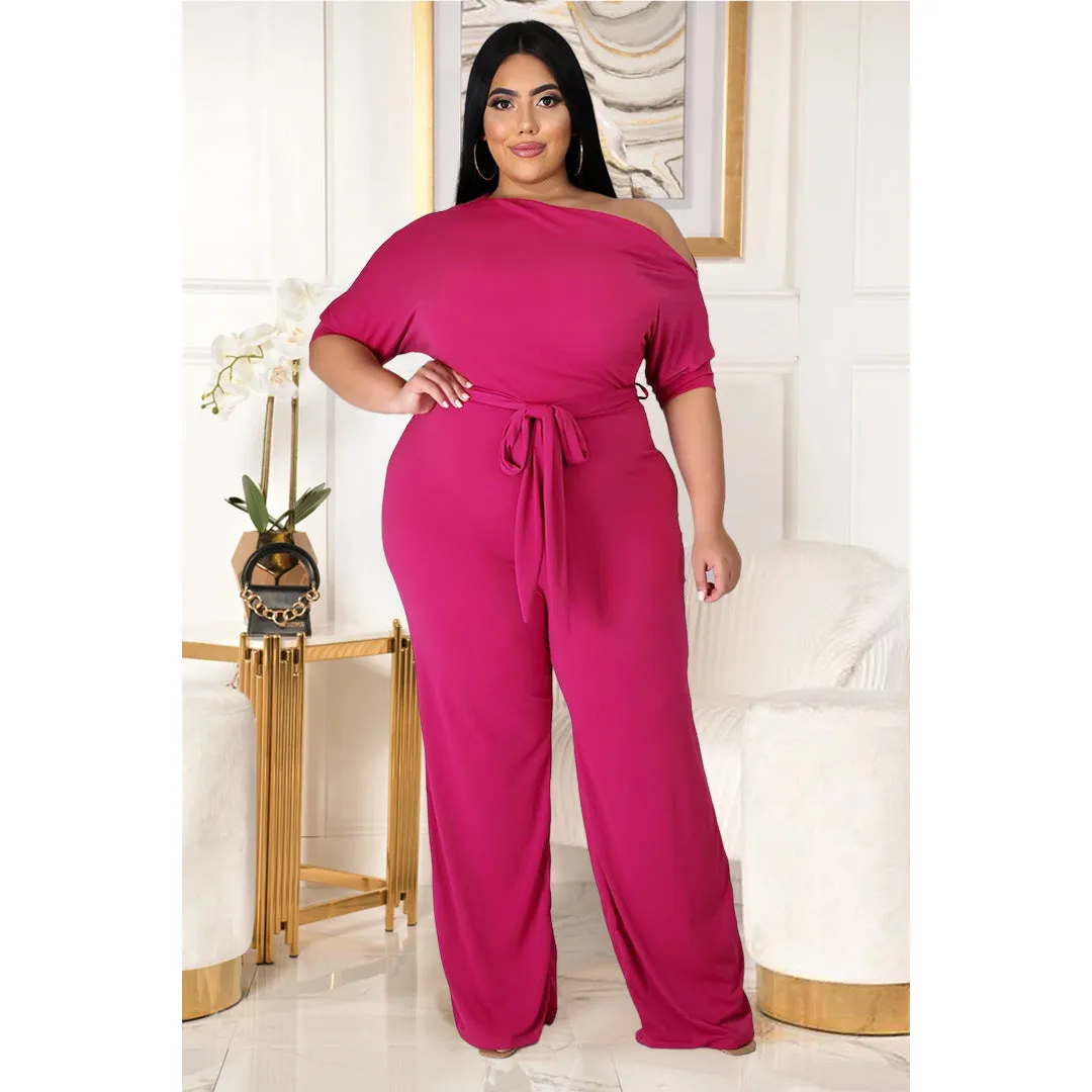 Plus Size Women Solid Color Lace-up Oblique Shoulder Horn Jumpsuit