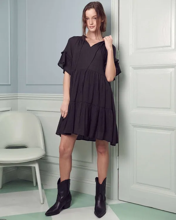 Plus Tie Neck Ruffle Tiered Mini Dress