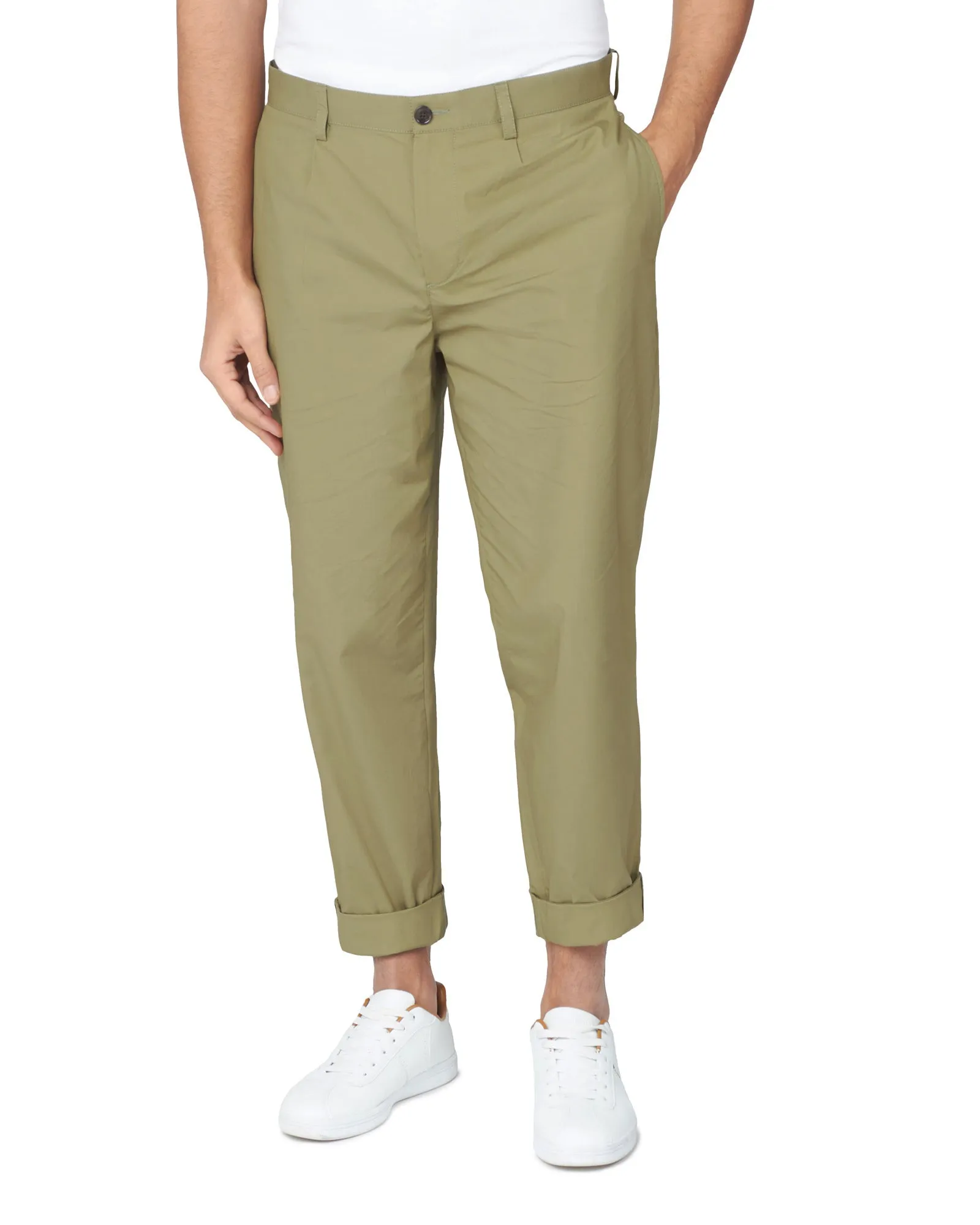 Poplin Relaxed-Taper Pleated Trouser - Olive