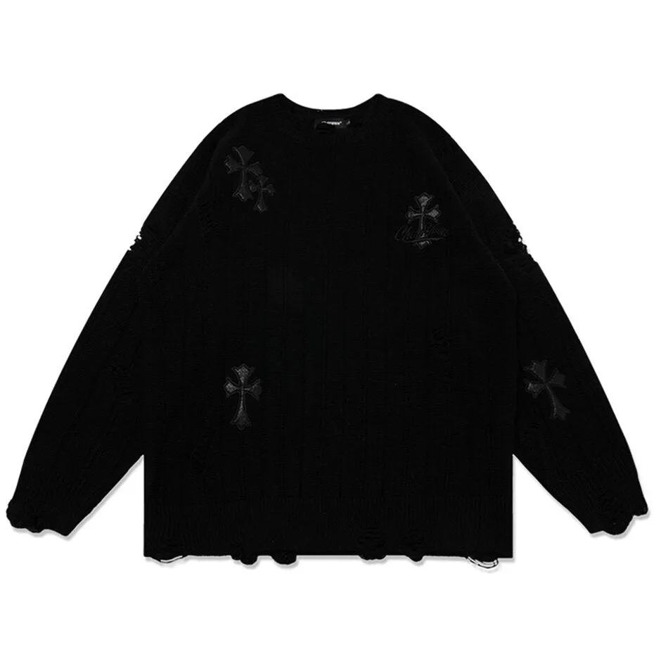 Punk Gothic Ripped Knitted Sweater Cross Patchwork Oversized Streetwear Hip Hop Sweaters Y2K Harajuku Pullovers Jumper Unisex