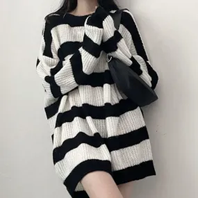 Purpdrank - Gothic Sweaters Women Harajuku Punk Knitted Stripes Jumper Vintage Plus Size Loose Long Sleeve Pullover Tops Streetwear