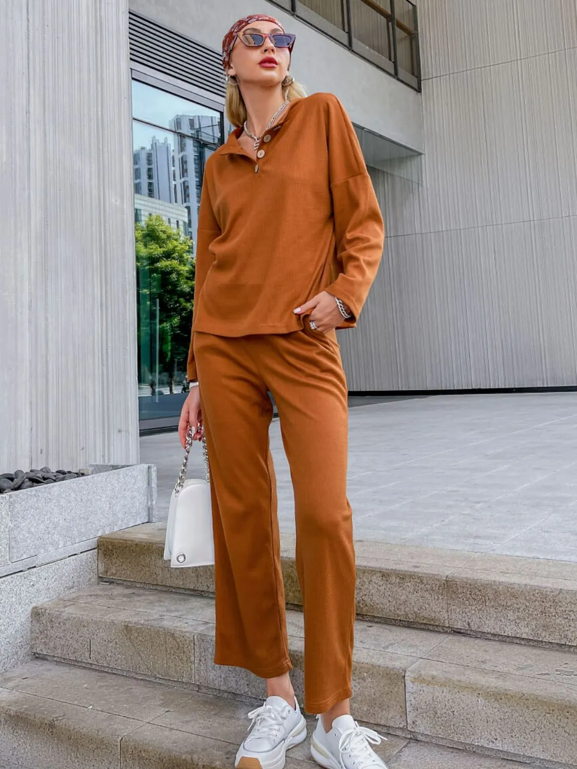 Quarter Button Side Slit Waffle Knit Top and Pants Set