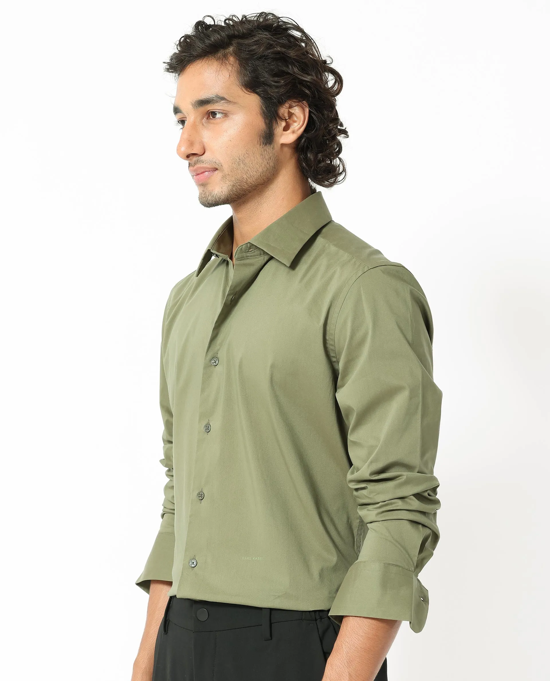 Rare Rabbit Mens Benedict Light Olive Cotton Stretch Drop Collar Full Sleeves Shirt