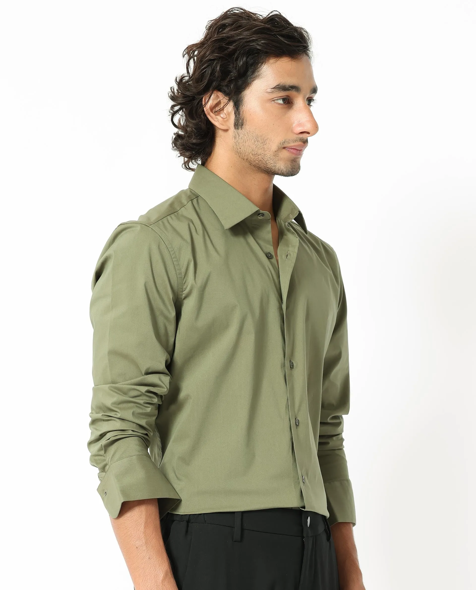 Rare Rabbit Mens Benedict Light Olive Cotton Stretch Drop Collar Full Sleeves Shirt