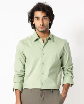 Rare Rabbit Mens Benedict Pastel Green Cotton Stretch Drop Collar Full Sleeve Solid Shirt