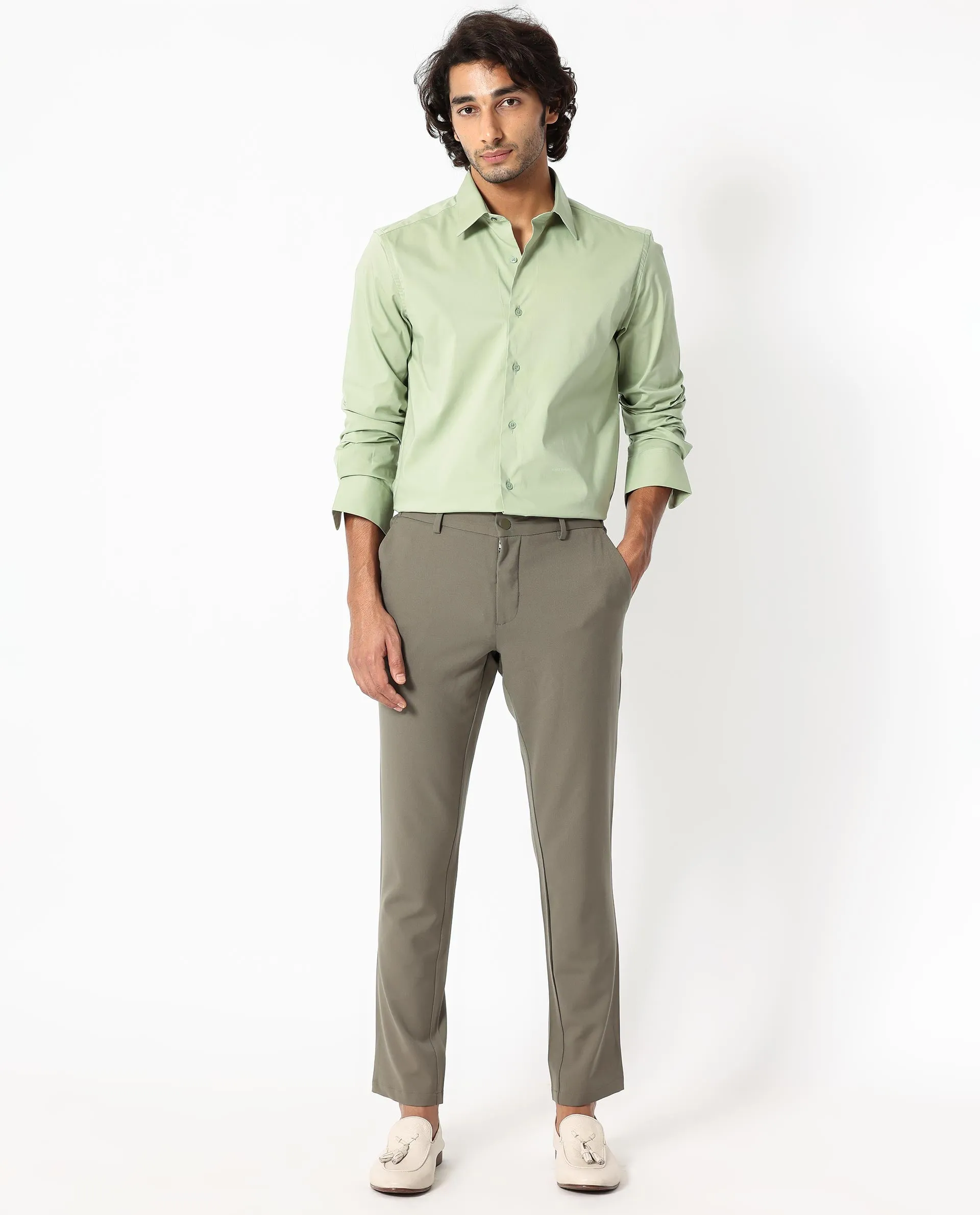 Rare Rabbit Mens Benedict Pastel Green Cotton Stretch Drop Collar Full Sleeve Solid Shirt