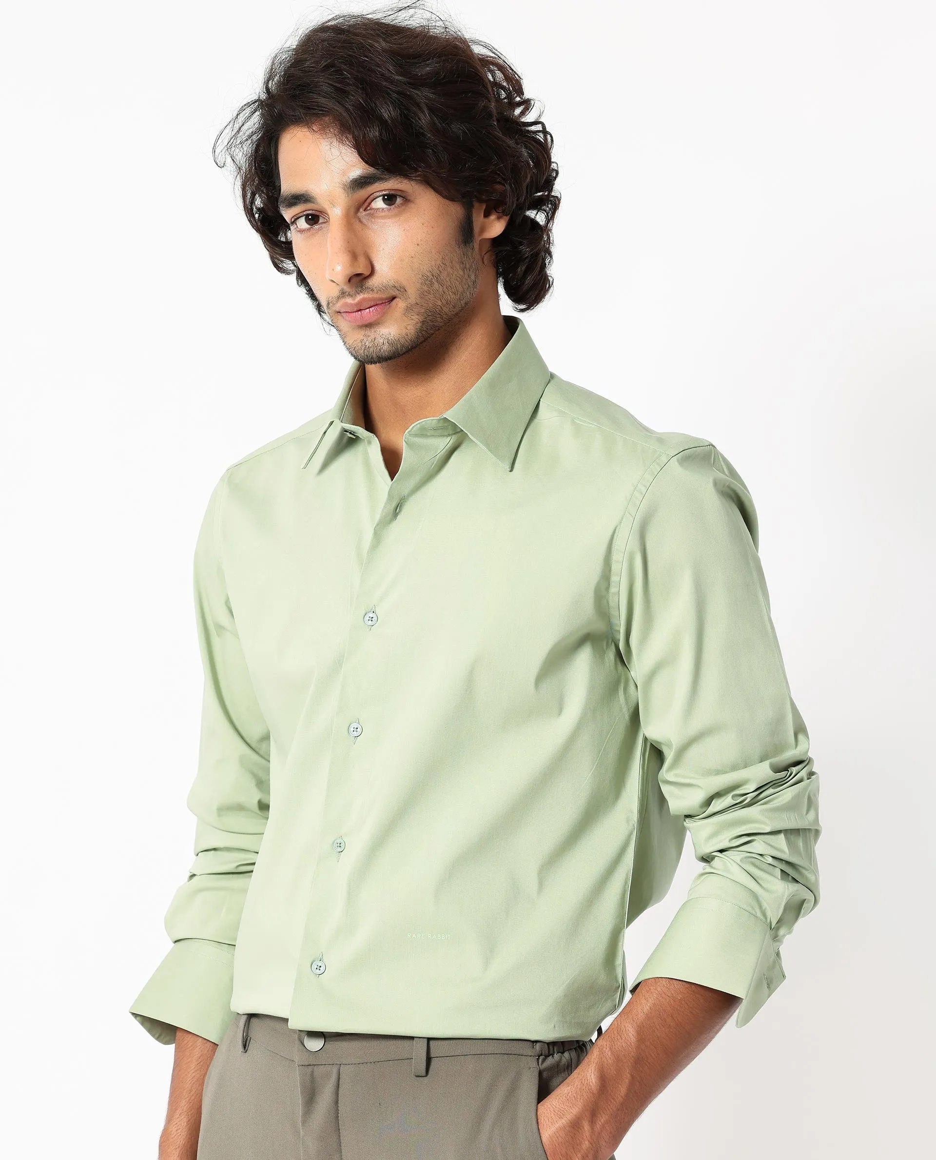 Rare Rabbit Mens Benedict Pastel Green Cotton Stretch Drop Collar Full Sleeve Solid Shirt