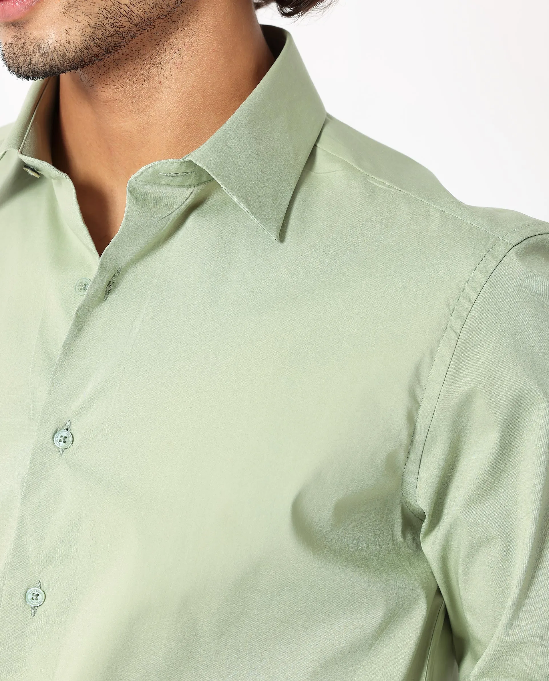 Rare Rabbit Mens Benedict Pastel Green Cotton Stretch Drop Collar Full Sleeve Solid Shirt