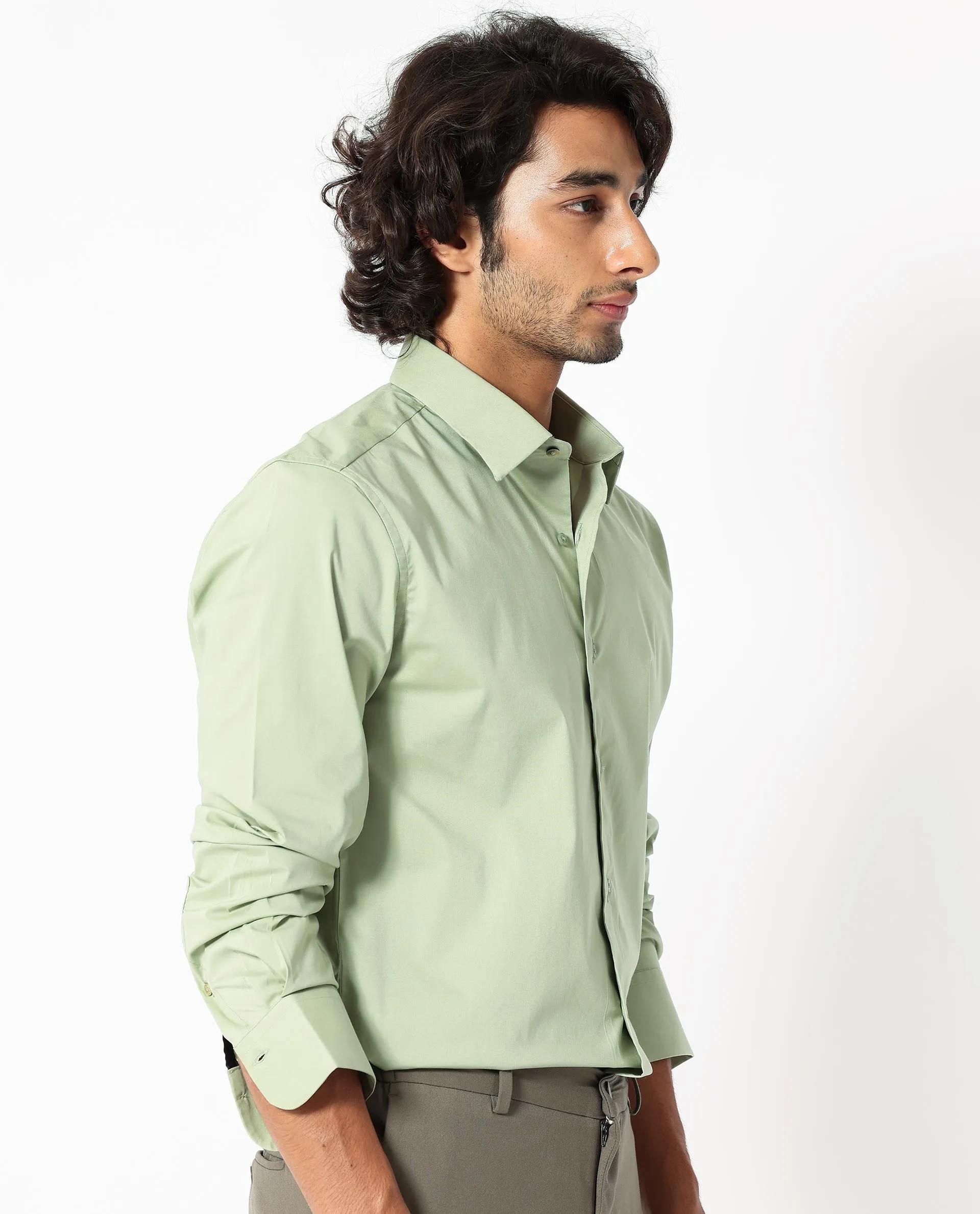 Rare Rabbit Mens Benedict Pastel Green Cotton Stretch Drop Collar Full Sleeve Solid Shirt