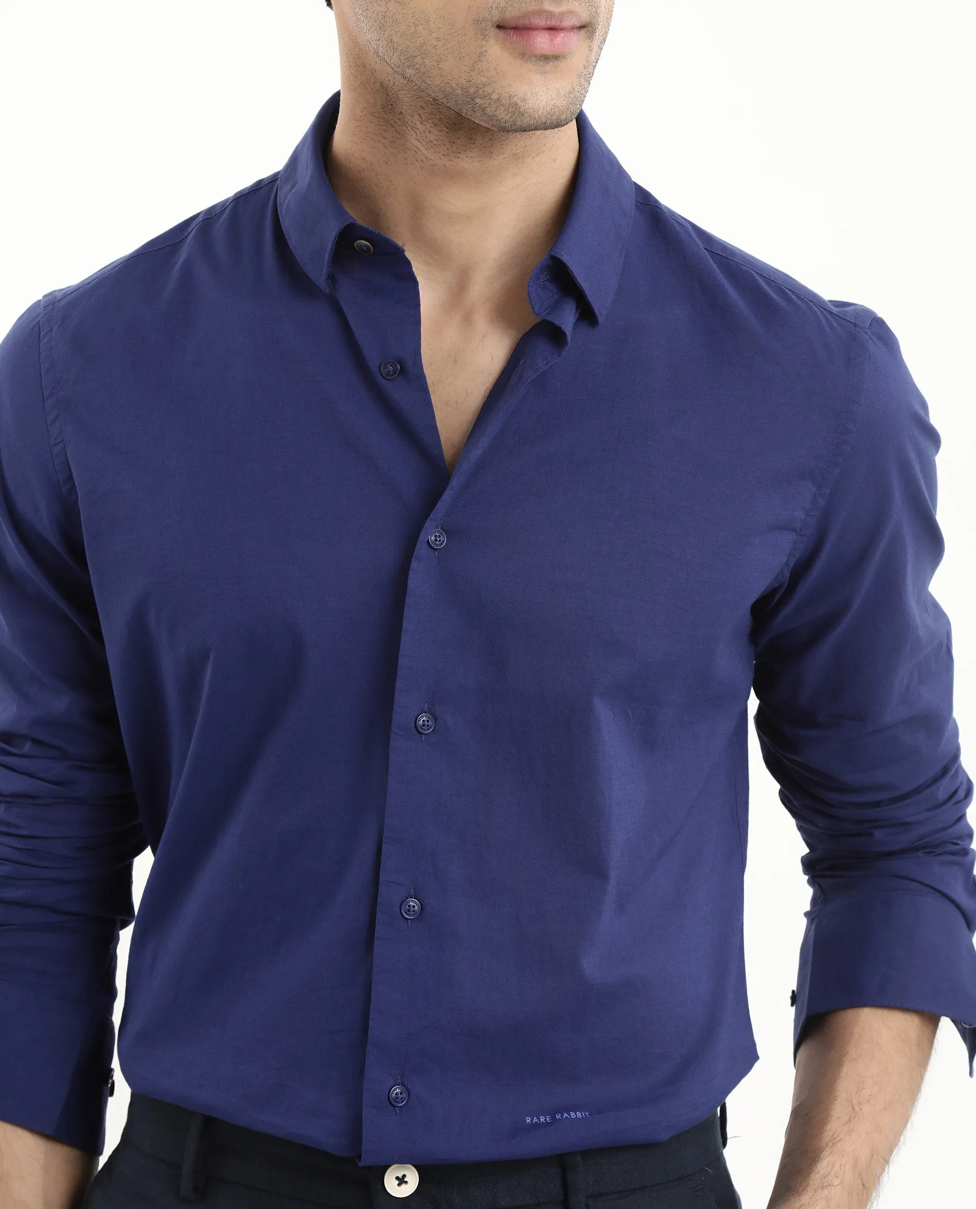 Rare Rabbit Men's Cambroc Dark Blue Cotton Fabric Full Sleeves Regular Fit Solid Shirt