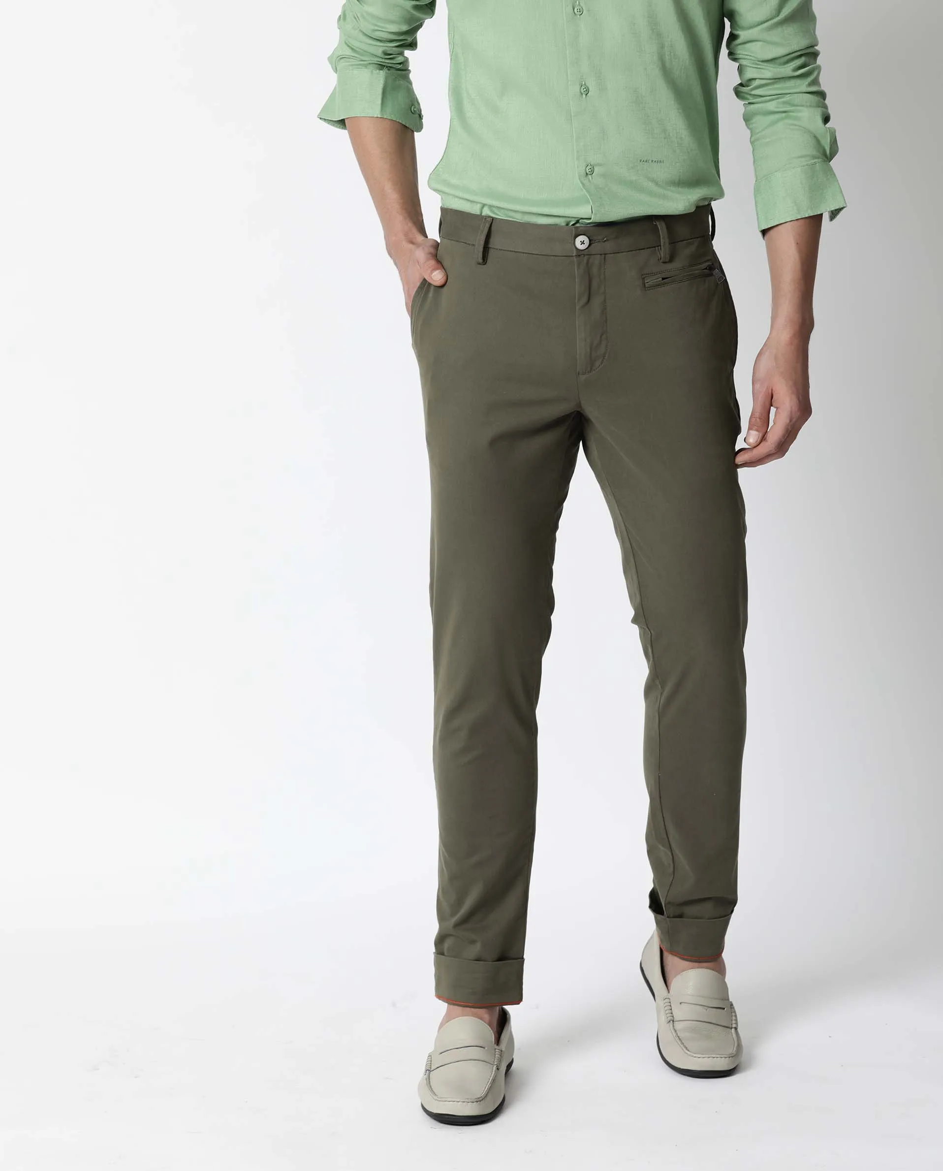 Rare Rabbit Men's Cloveys Olive Cotton Fabric Button Closure Mid Rise Slim Fit Trousers