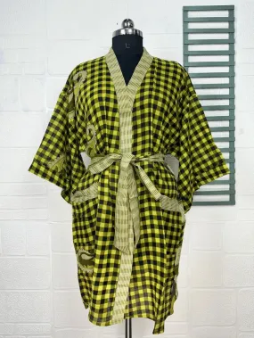 Recycled Pure Cotton Vintage Kimono Open Jacket Boho Summer TieDye House Robe, Beach Coverup | Yellow Black Paisley Style Print