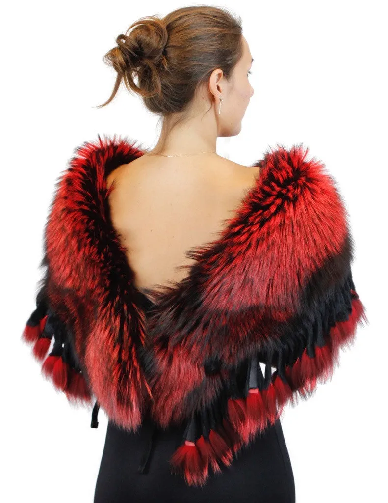 RED DYED SILVER FOX FUR COLLAR/SHAWL/WRAP WITH MATCHING FUR FRINGE