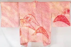 Red Pink Orange Gradient Haori with Abstract Mountains - Vintage Tie Dyed Silk Women's Kimono Jacket - Genuine Shibori - Umezakura & Kanoko