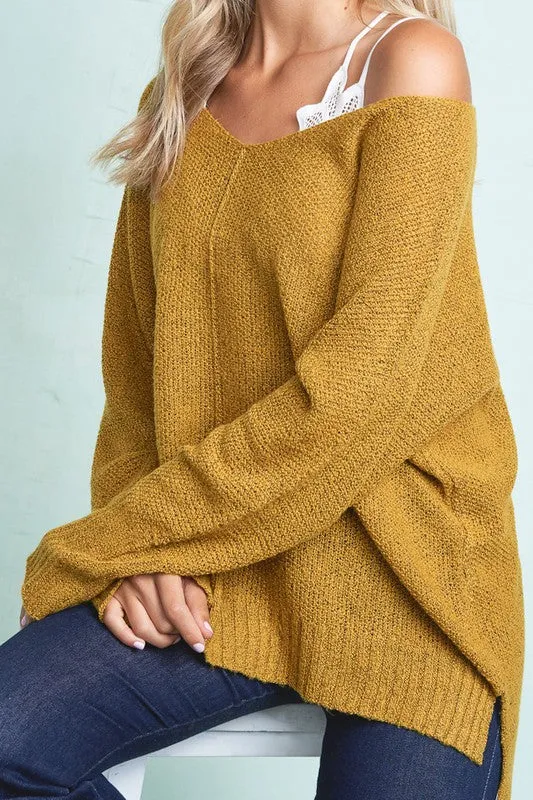 Relaxed Fit Lightweight Sweater - mustard and sage