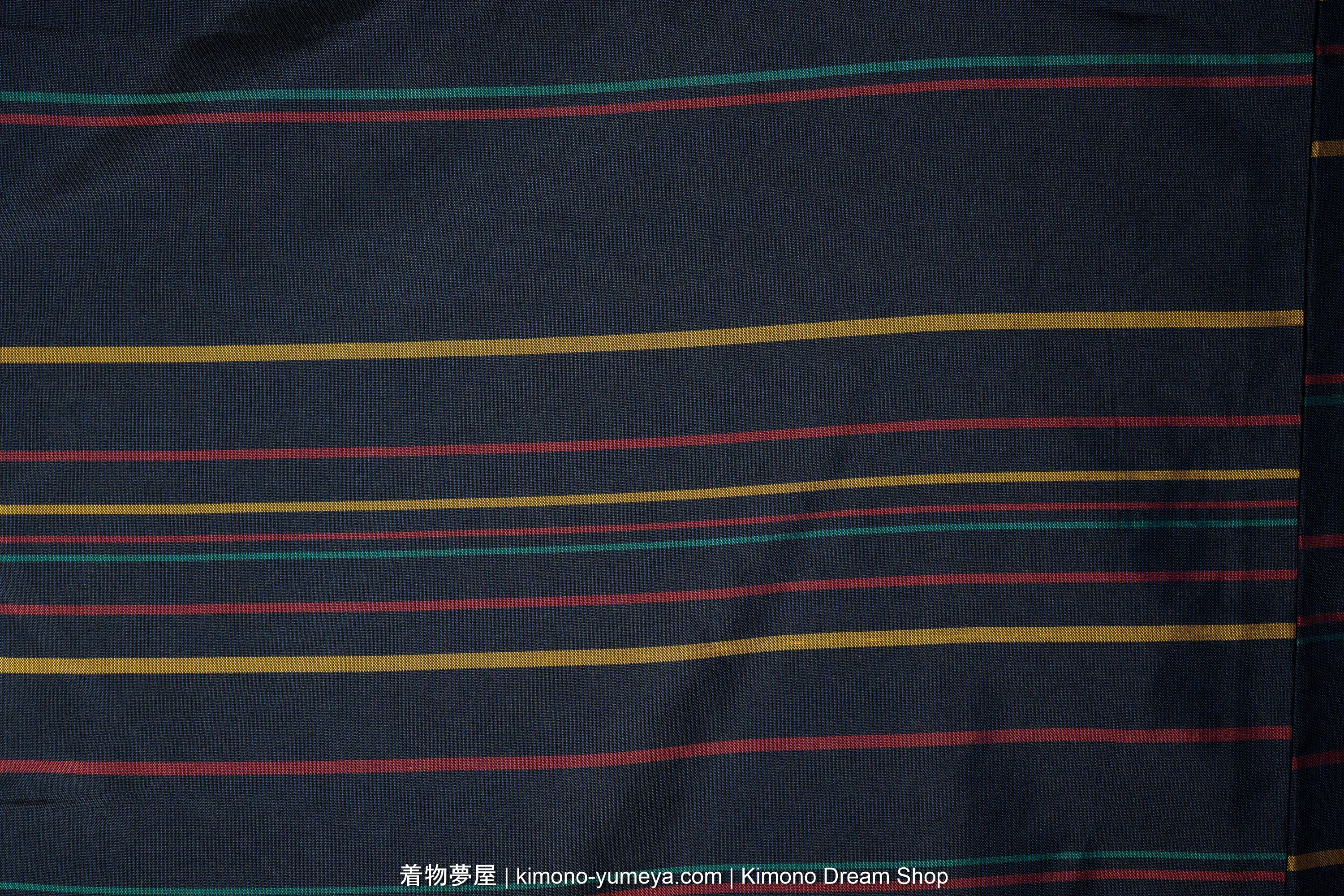 Retro 1960s Haori with Red, Yellow, & Teal Stripes on Dark Blue - Tsumugi Weaving - Vintage Silk Women's Kimono Jacket