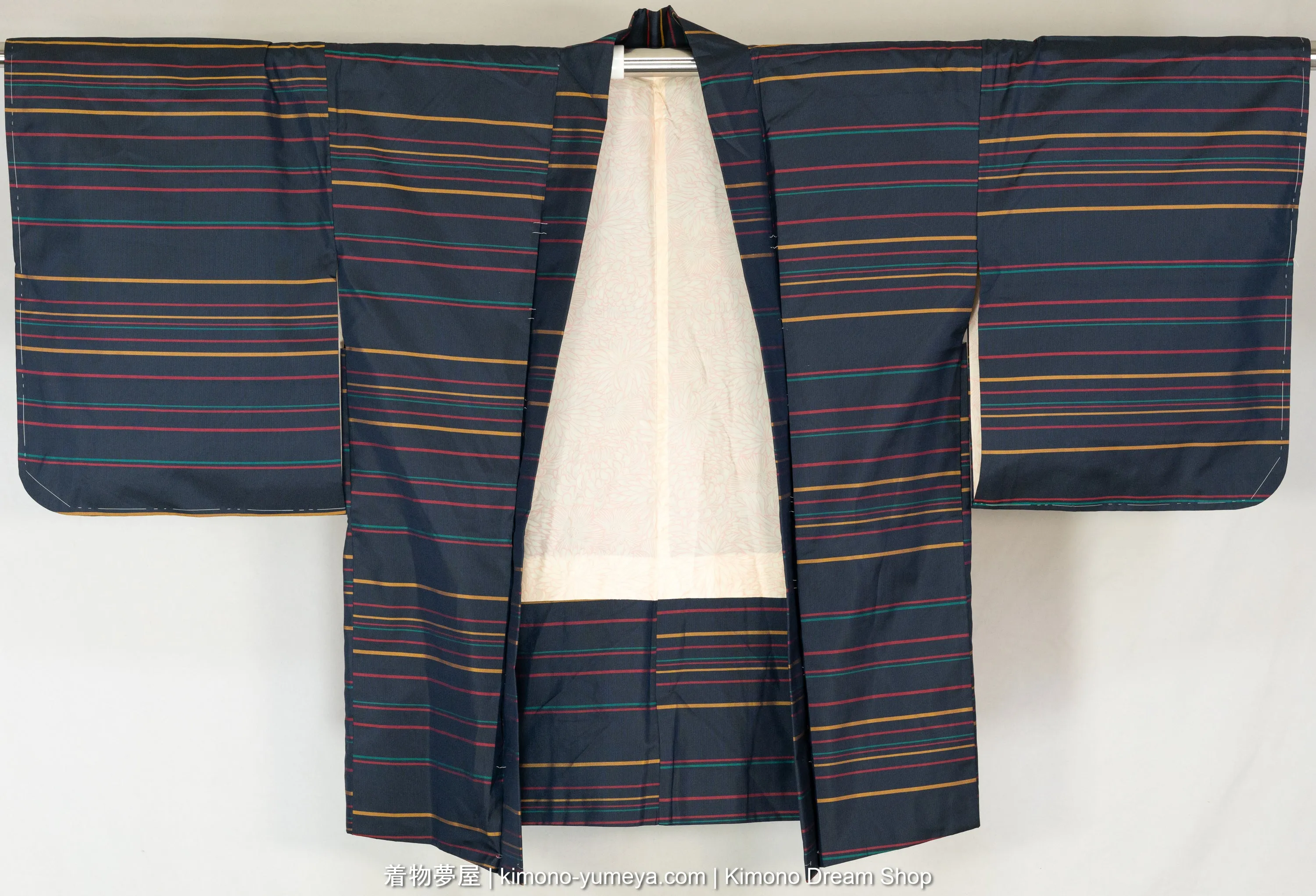 Retro 1960s Haori with Red, Yellow, & Teal Stripes on Dark Blue - Tsumugi Weaving - Vintage Silk Women's Kimono Jacket