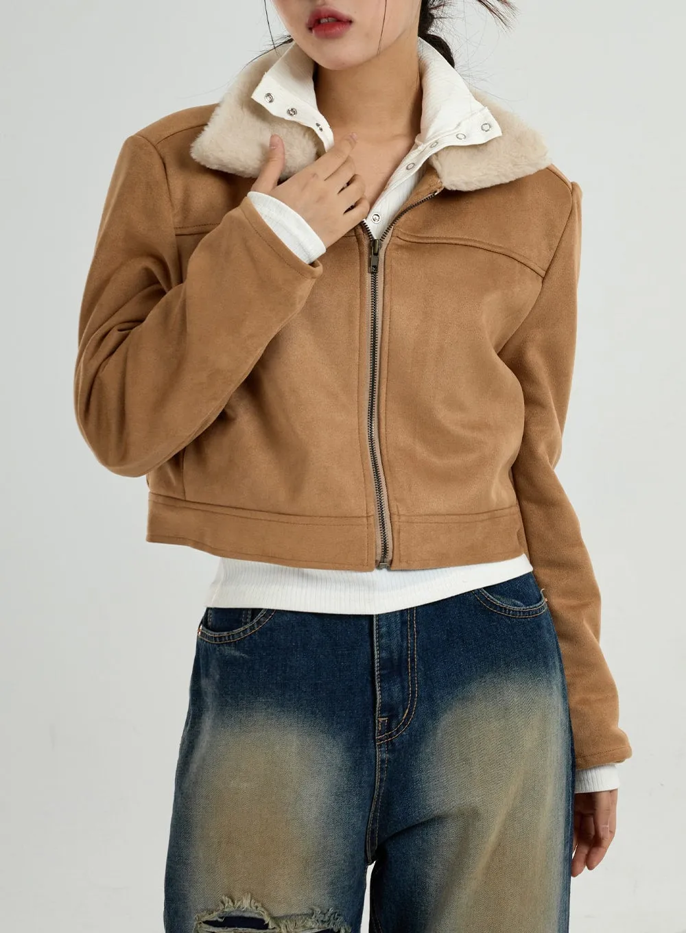 Retro Fur Collar Crop Zipper Jacket CO27