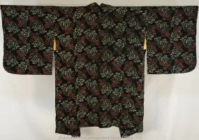 Retro Red Flowers with White Leaves on Black Haori - Vintage 1960s Soft Chirimen Silk Kimono Jacket for Women - Screen Printed