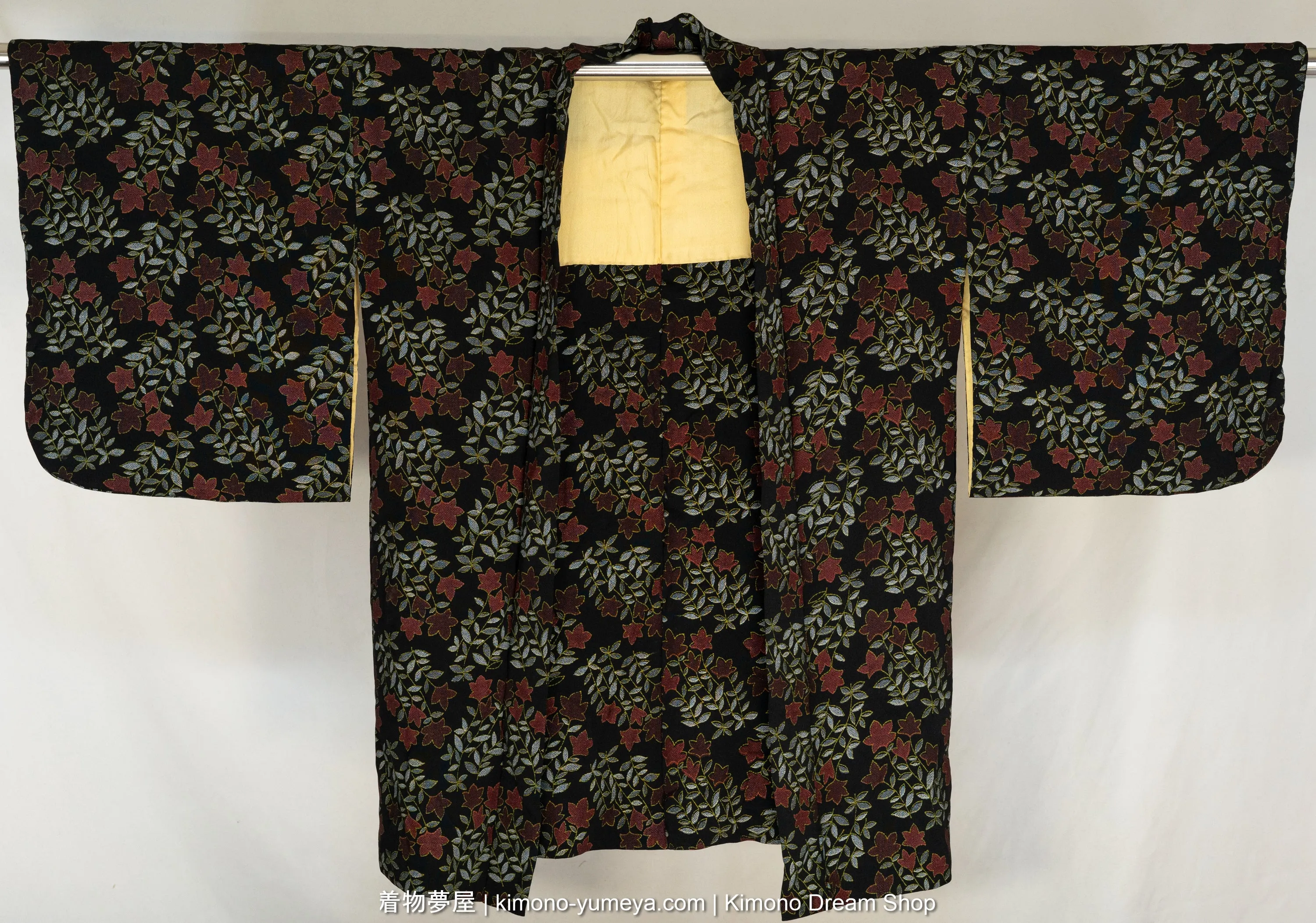 Retro Red Flowers with White Leaves on Black Haori - Vintage 1960s Soft Chirimen Silk Kimono Jacket for Women - Screen Printed