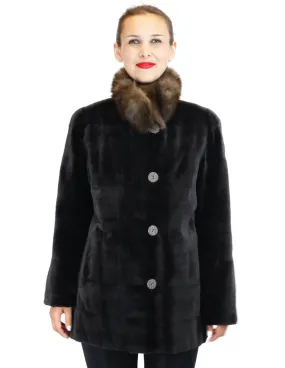 REVERSIBLE DARK BROWN SHEARED KOLINSKY MINK FUR JACKET W/ RUSSIAN SABLE FUR COLLAR