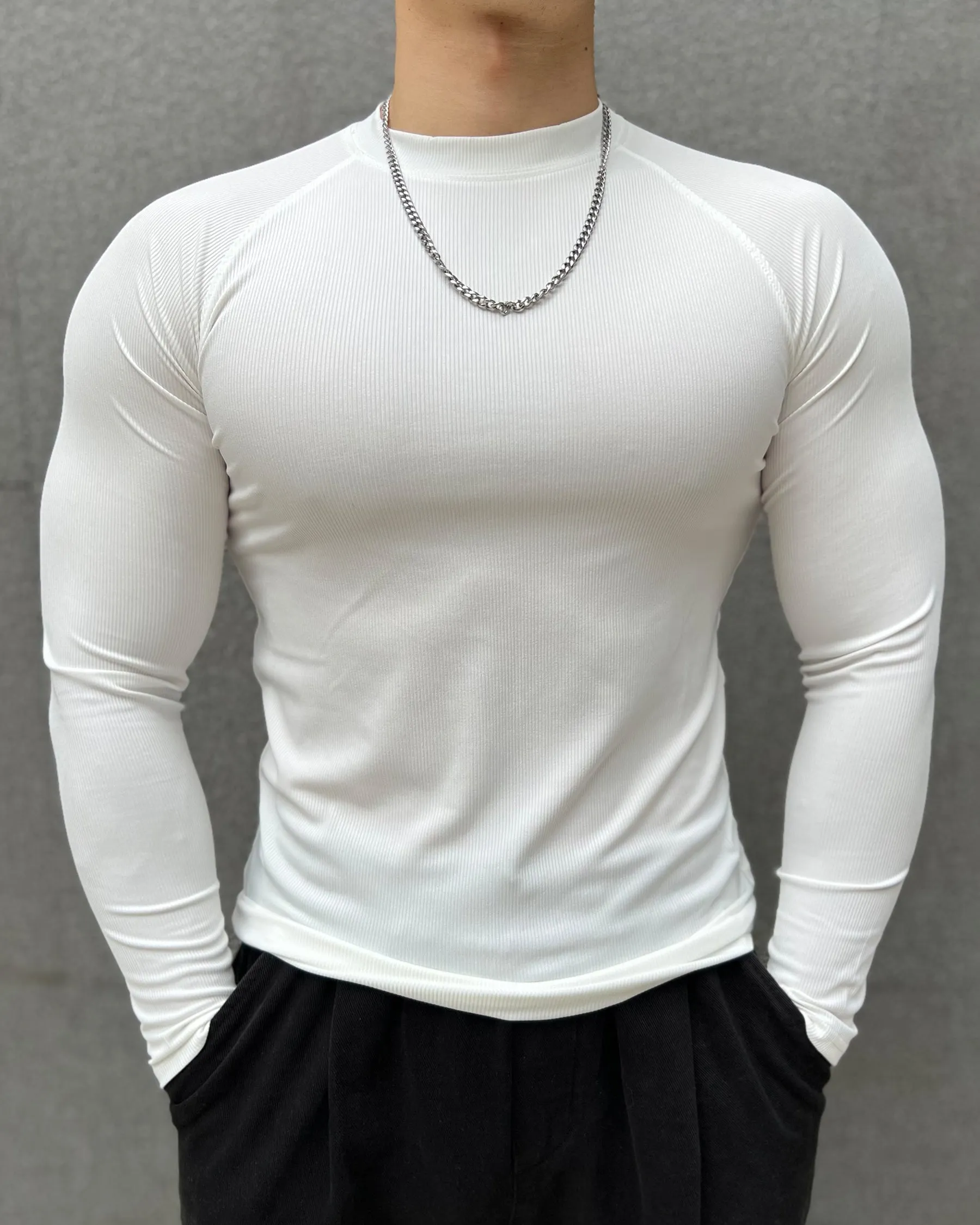 Ribbed Shoulder Cut Crew Neck Long Sleeve New