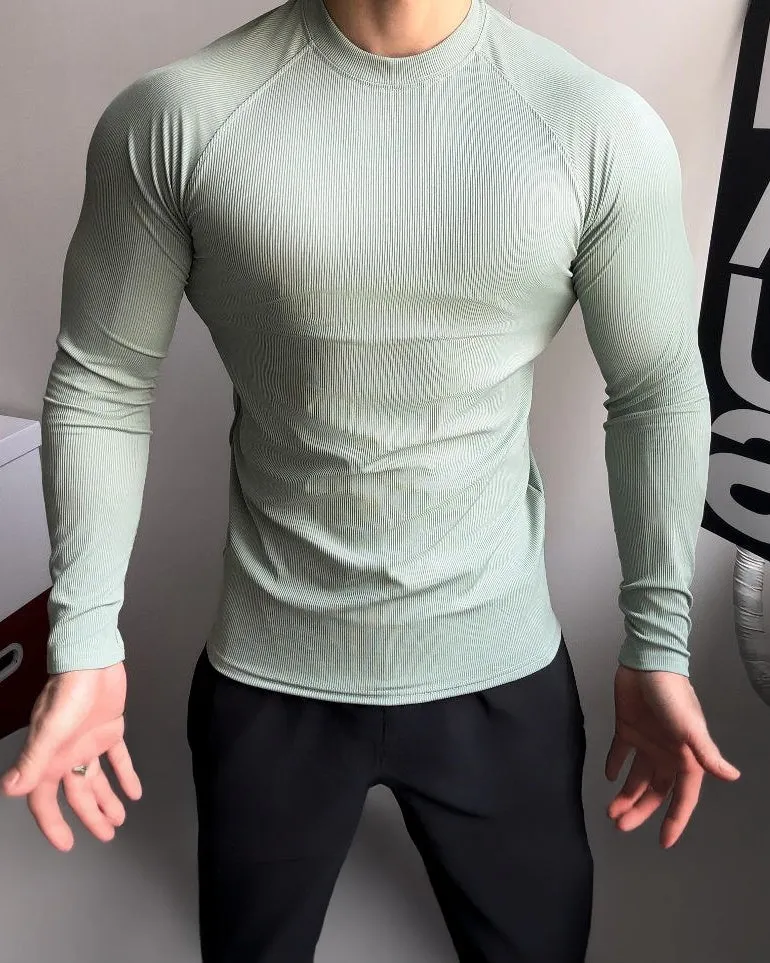 Ribbed Shoulder Cut Crew Neck Long Sleeve New