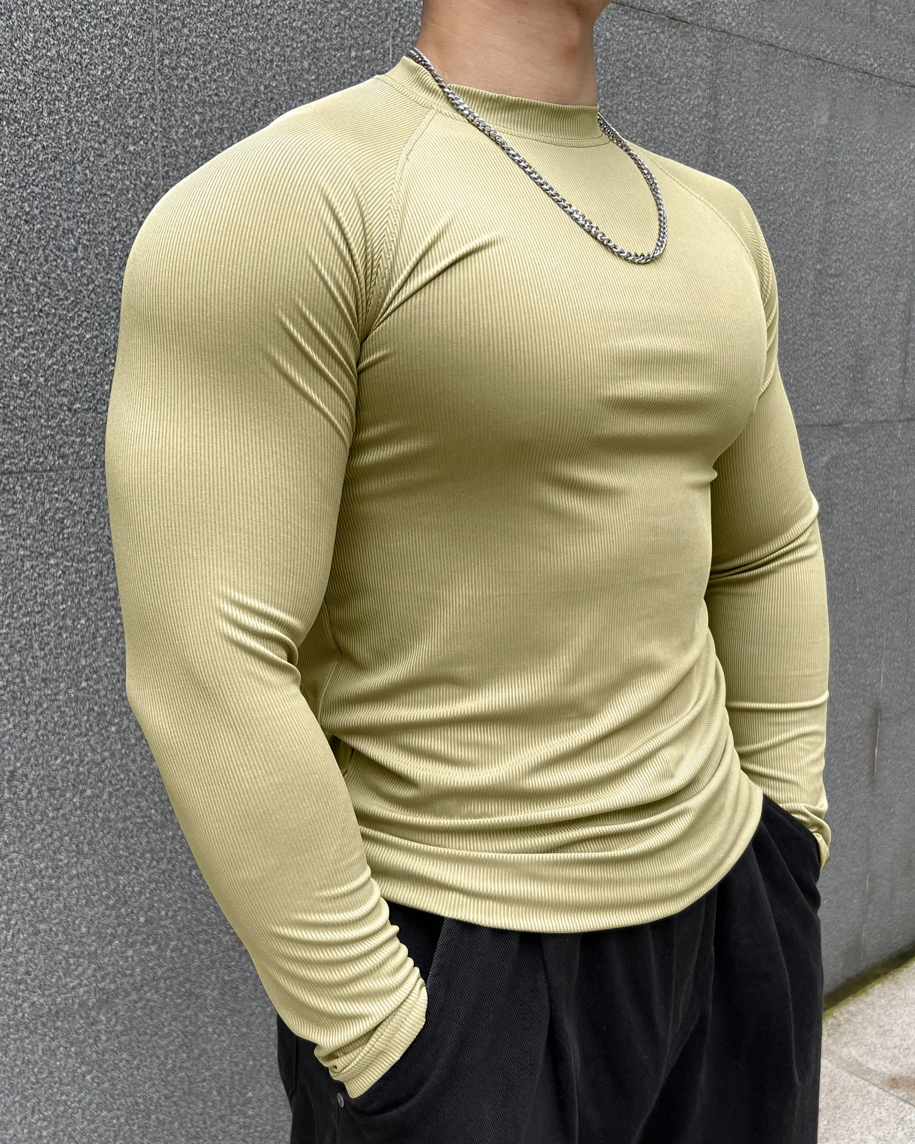 Ribbed Shoulder Cut Crew Neck Long Sleeve New