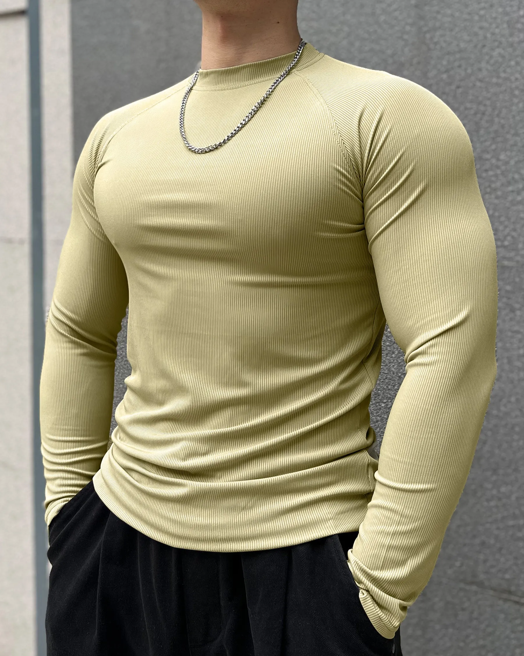 Ribbed Shoulder Cut Crew Neck Long Sleeve