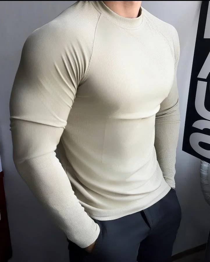 Ribbed Shoulder Cut Crew Neck Long Sleeve