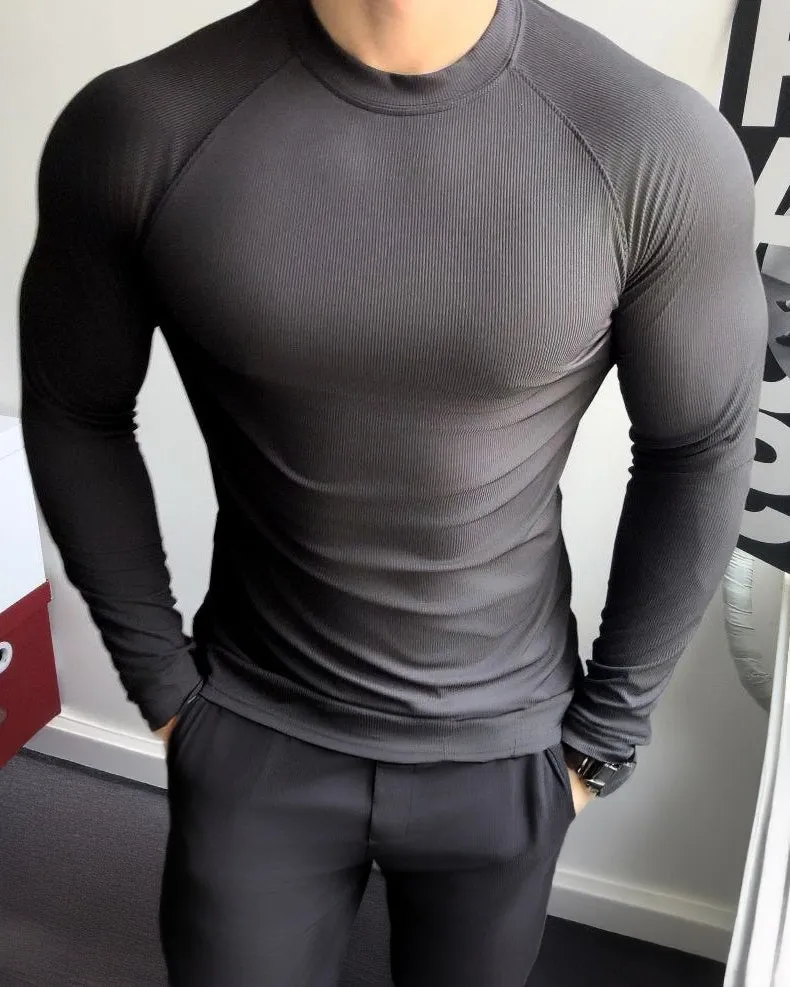 Ribbed Shoulder Cut Crew Neck Long Sleeve