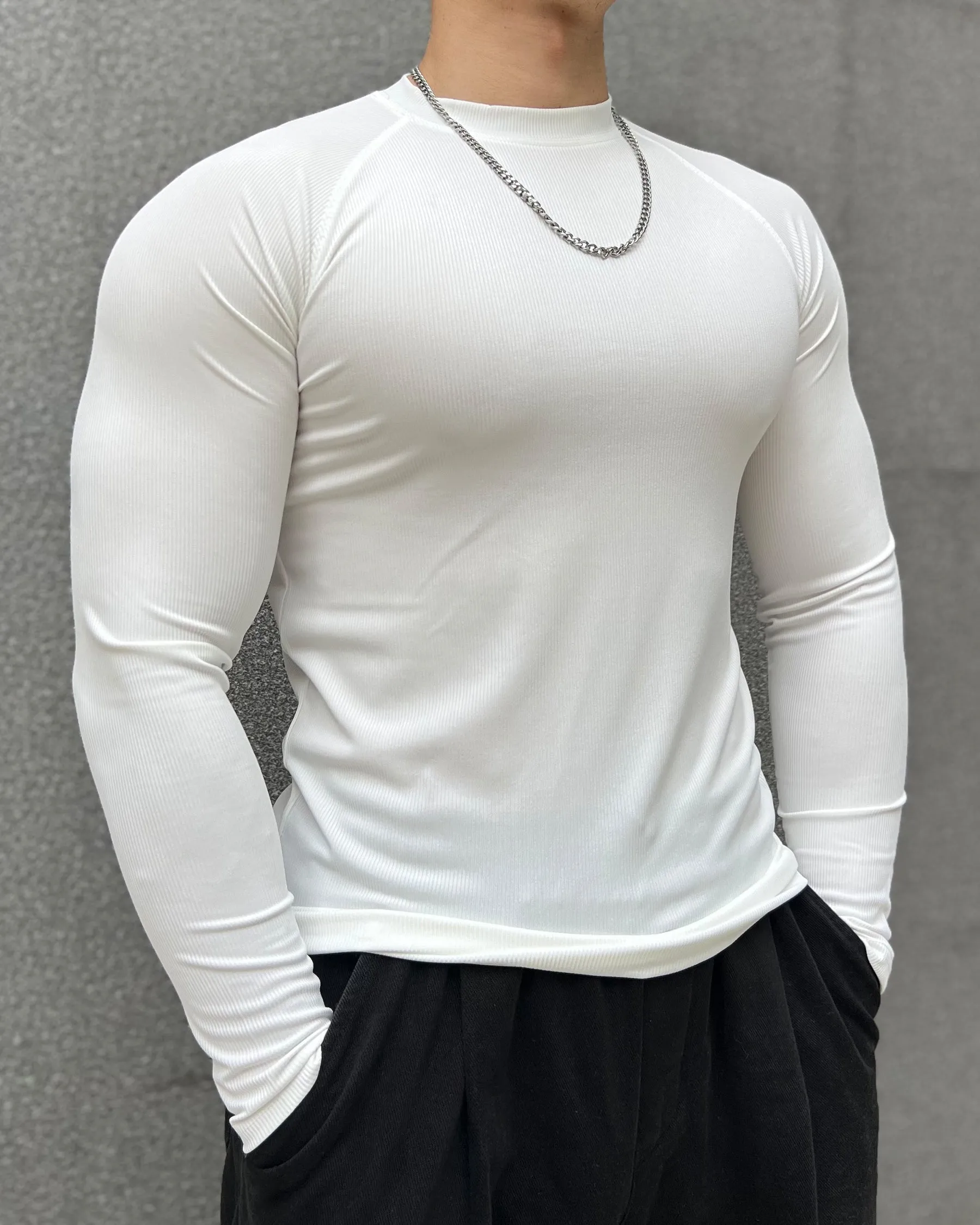 Ribbed Shoulder Cut Crew Neck Long Sleeve