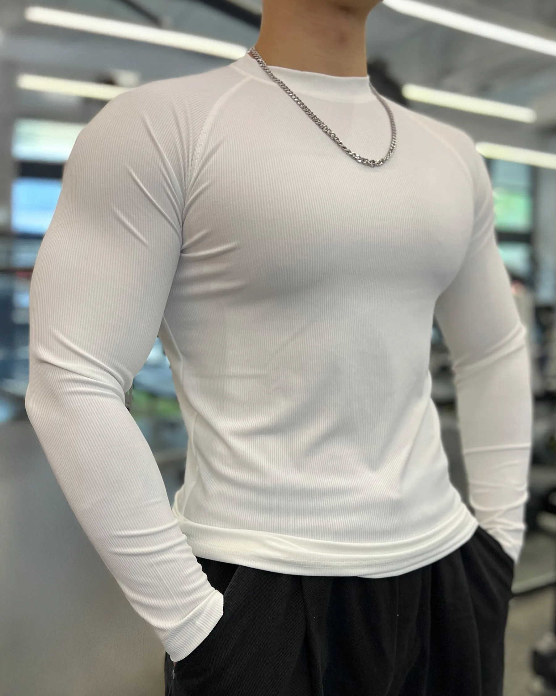 Ribbed Shoulder Cut Crew Neck Long Sleeve