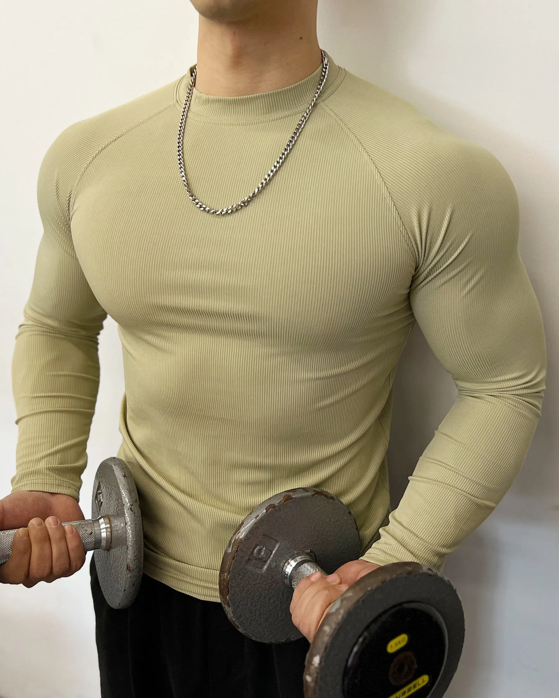 Ribbed Shoulder Cut Crew Neck Long Sleeve