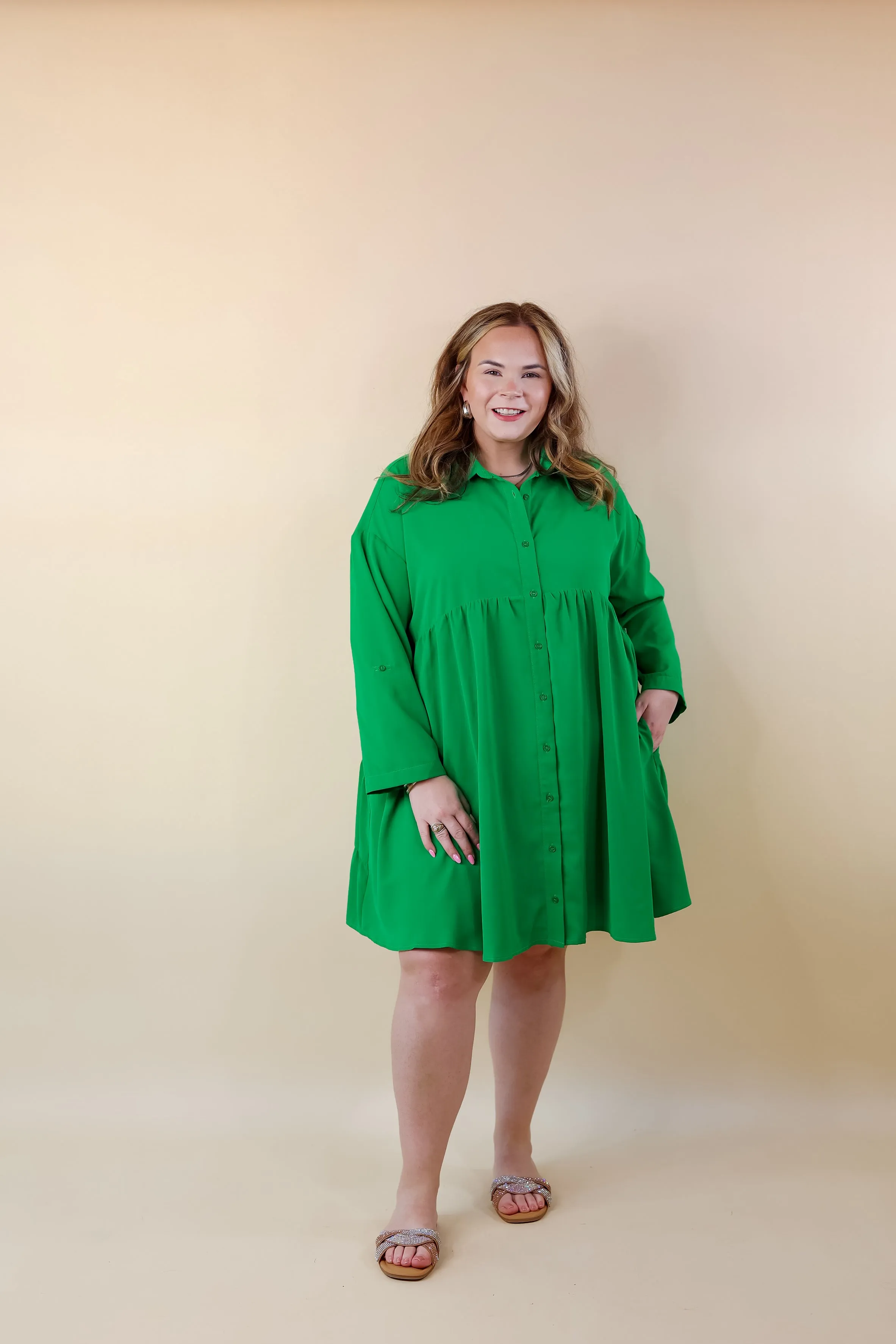 Risky Business Button Up Babydoll Dress in Green