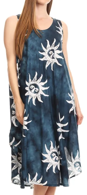 Sakkas Amanda Tie-dye Batik Summer Tank Mid Dress Relax Fit and Soft