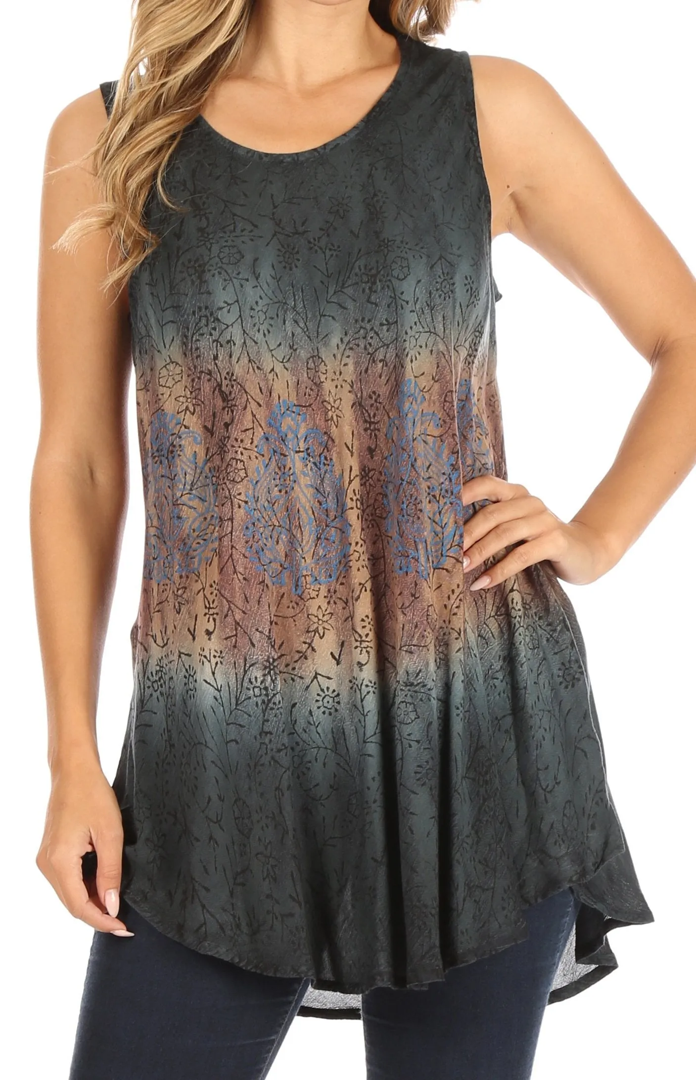 Sakkas Isabela Womens Everyday Summer Sleeveless Tank Top Tie-dye & Block Print