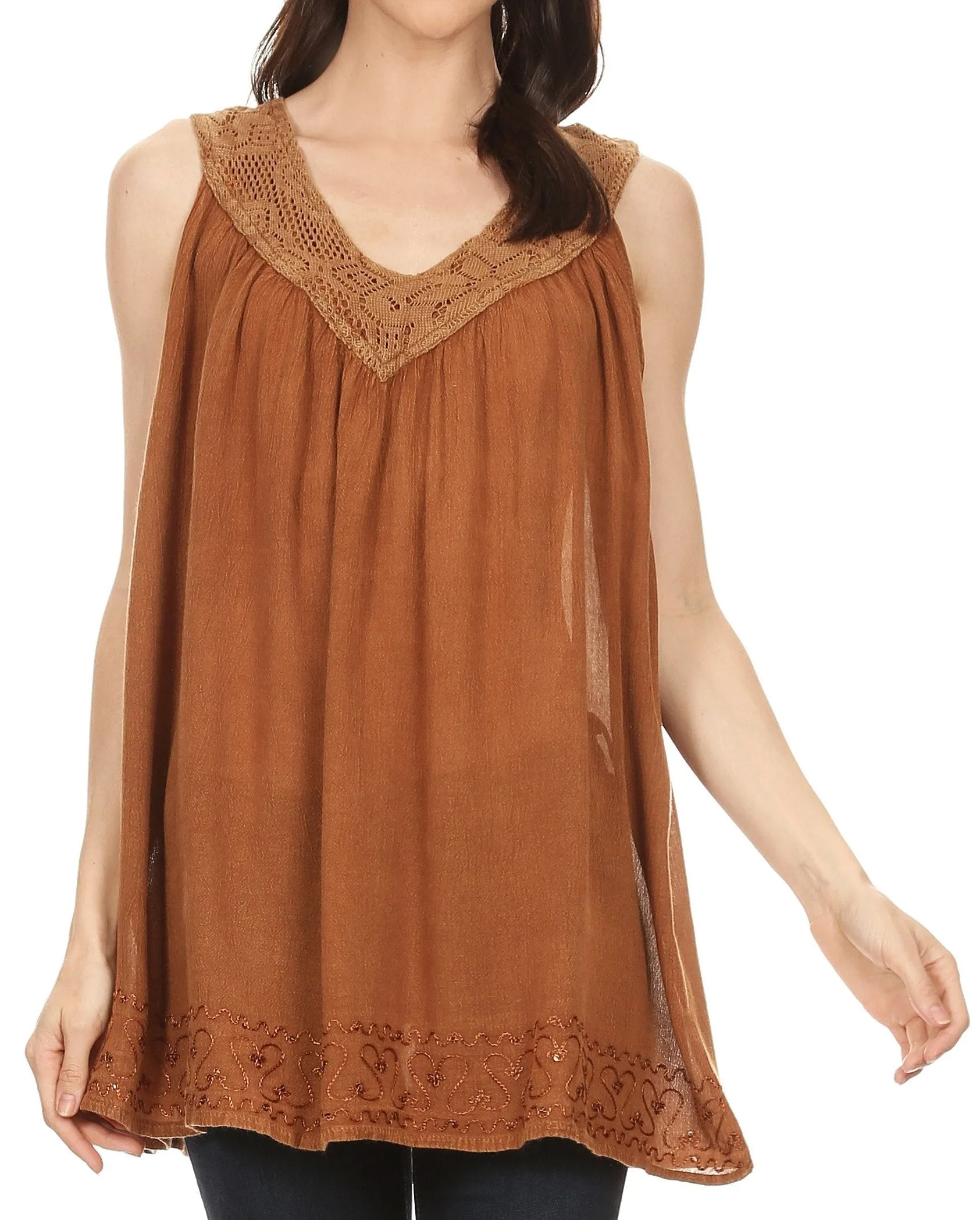 Sakkas Maissa  Sleeveless V-neck Tank Top  with Crochet Trim and Embroidery