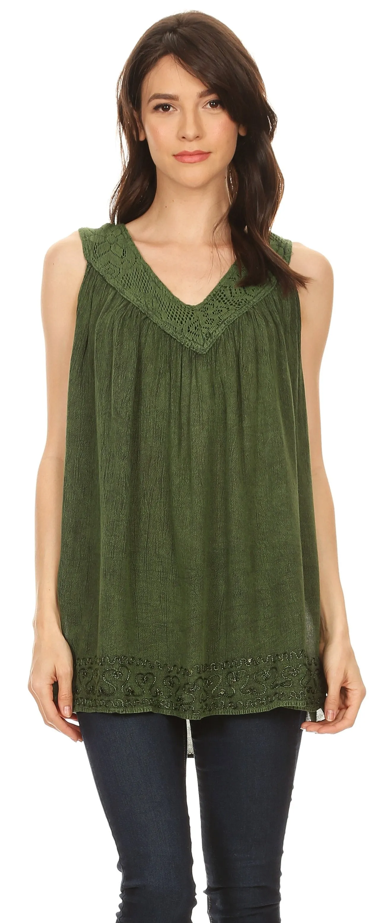 Sakkas Maissa  Sleeveless V-neck Tank Top  with Crochet Trim and Embroidery