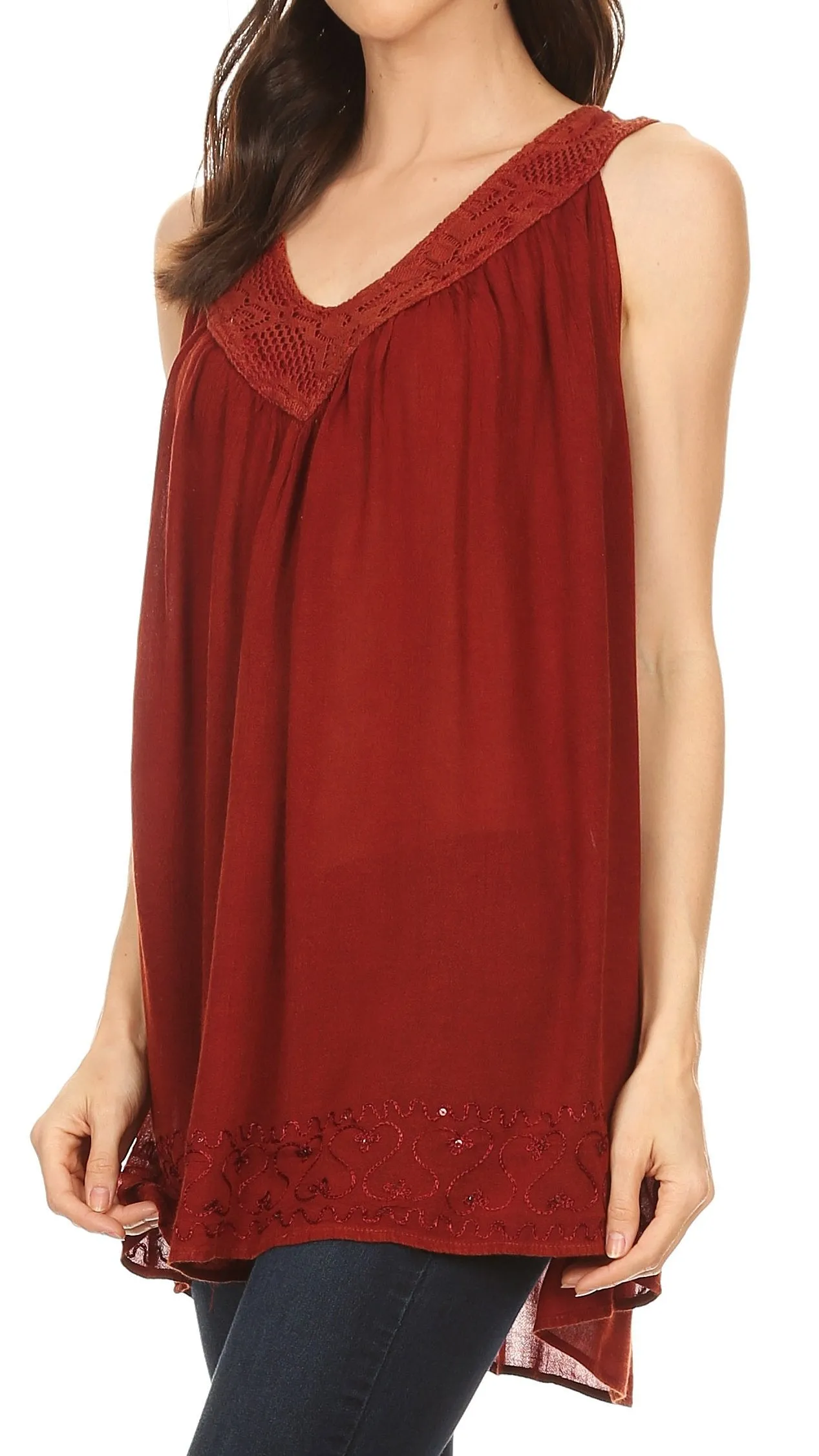 Sakkas Maissa  Sleeveless V-neck Tank Top  with Crochet Trim and Embroidery