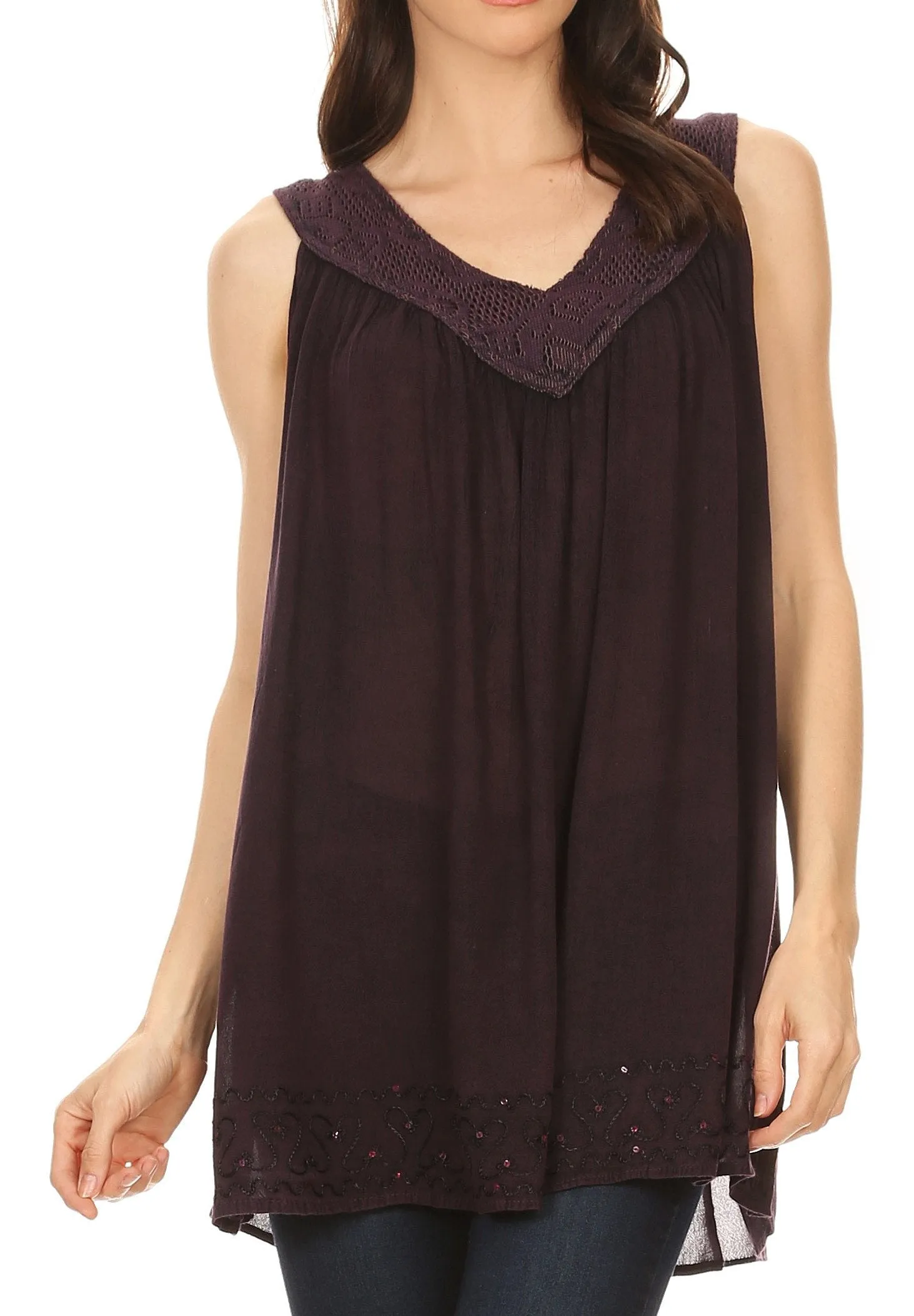 Sakkas Maissa  Sleeveless V-neck Tank Top  with Crochet Trim and Embroidery