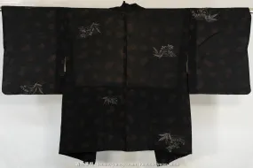 Sha Silk Haori for Women with Leaves on Grass - Black with Metallic Threading Accenting - Traditional Kimono Jacket